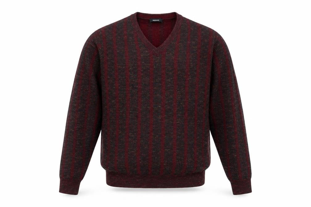 Walbusch Men's Red Striped Wool V-Neck Jumper Size L