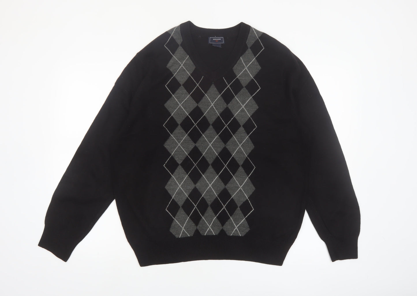 Dockers Men's Black Argyle V-Neck Acrylic Jumper Size L