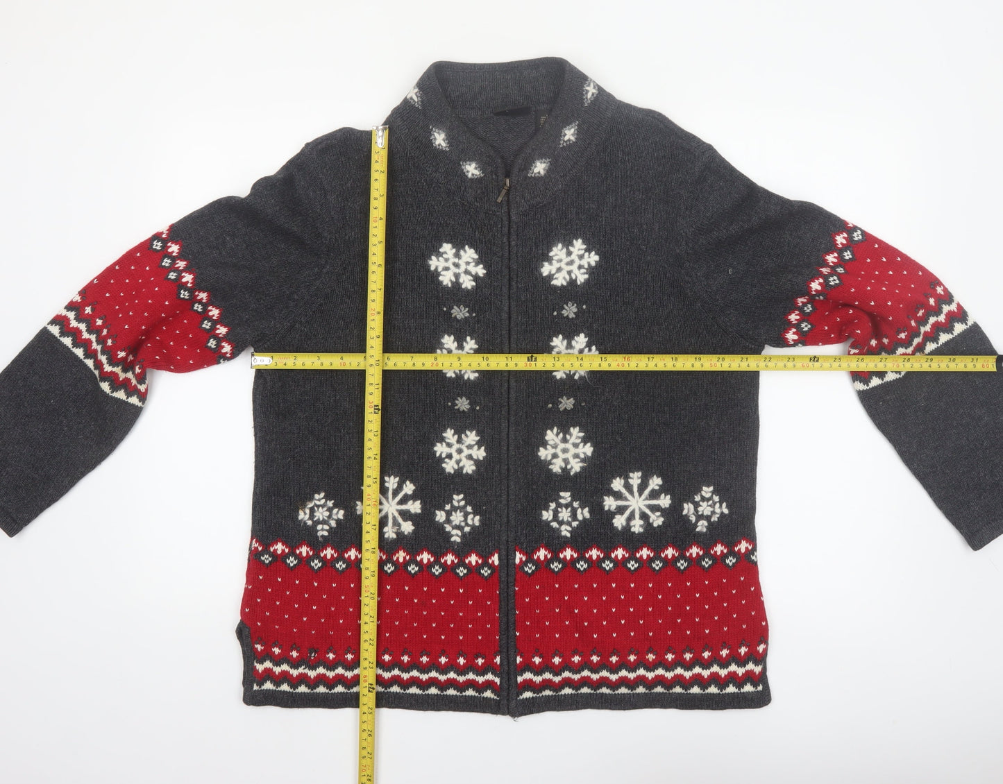 Guide Series Women Grey Red Full Zip Snowflake Cardigan L Winter Knit