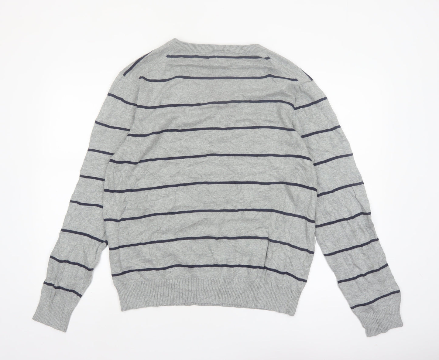 IZOD Men's Grey Striped Cotton V-Neck Jumper Size M