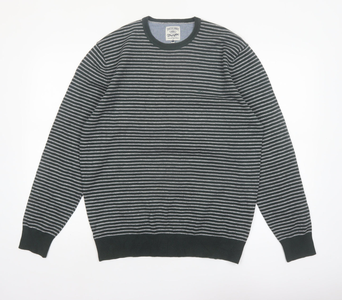 Wrangler Men's Grey Striped Cotton Blend Crew Neck Jumper L