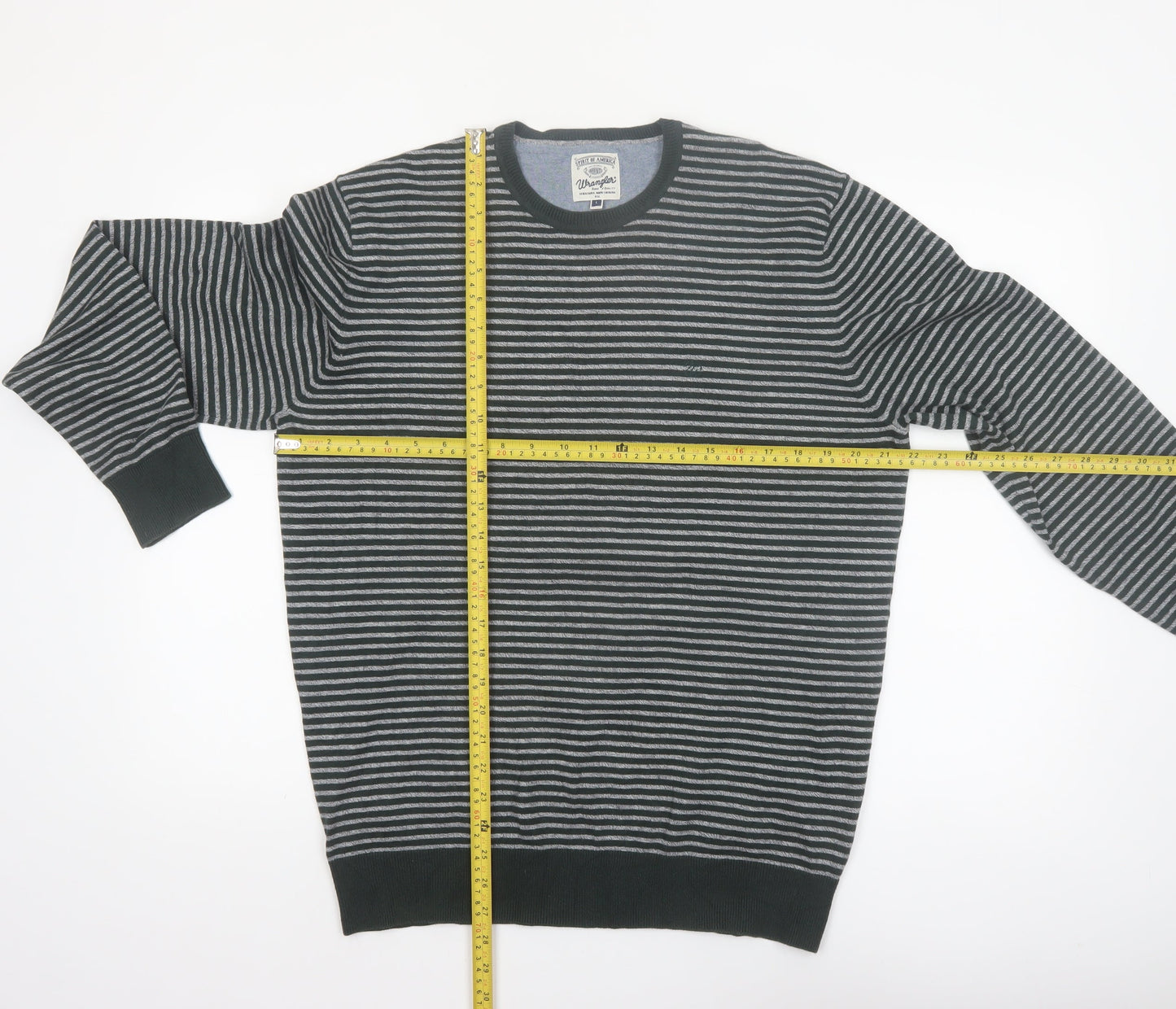 Wrangler Men's Grey Striped Cotton Blend Crew Neck Jumper L