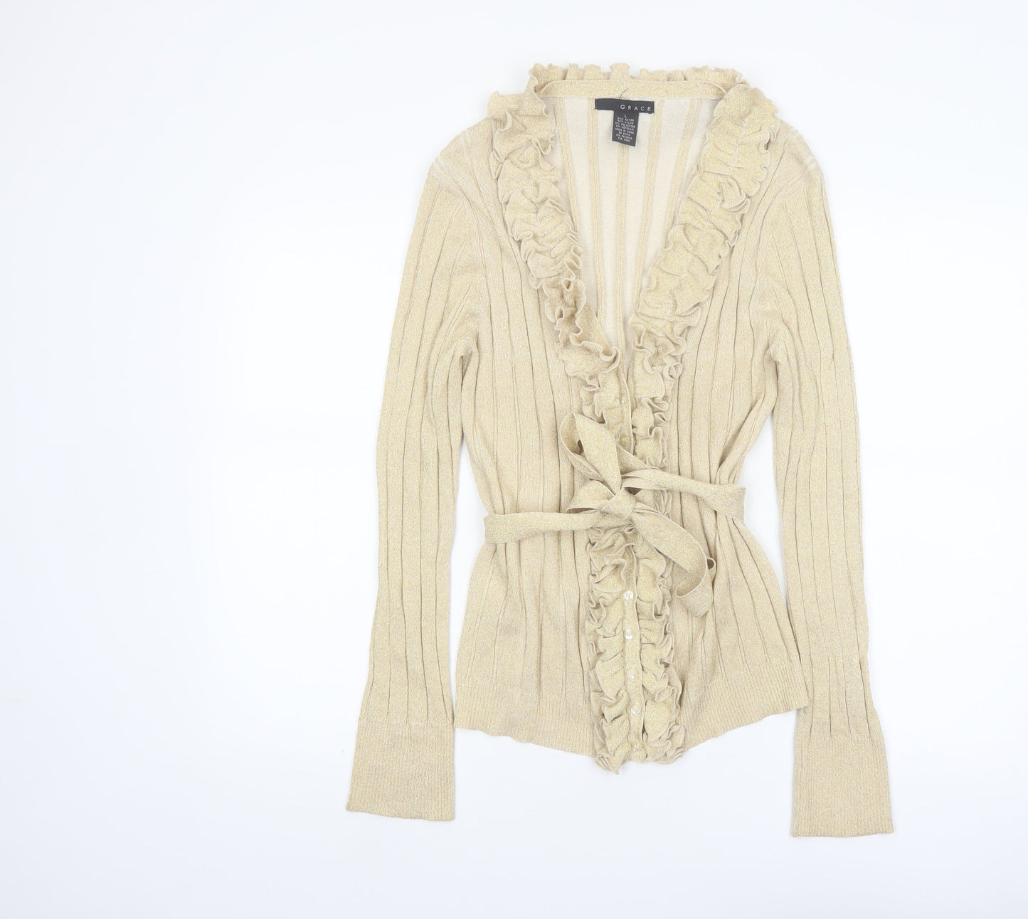 Grace Women’s Beige Ruffle Belted Knit Cardigan Size L