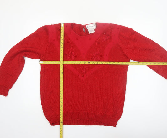 Franco Valeri Women Red XL Beaded Angora Blend Pullover Jumper