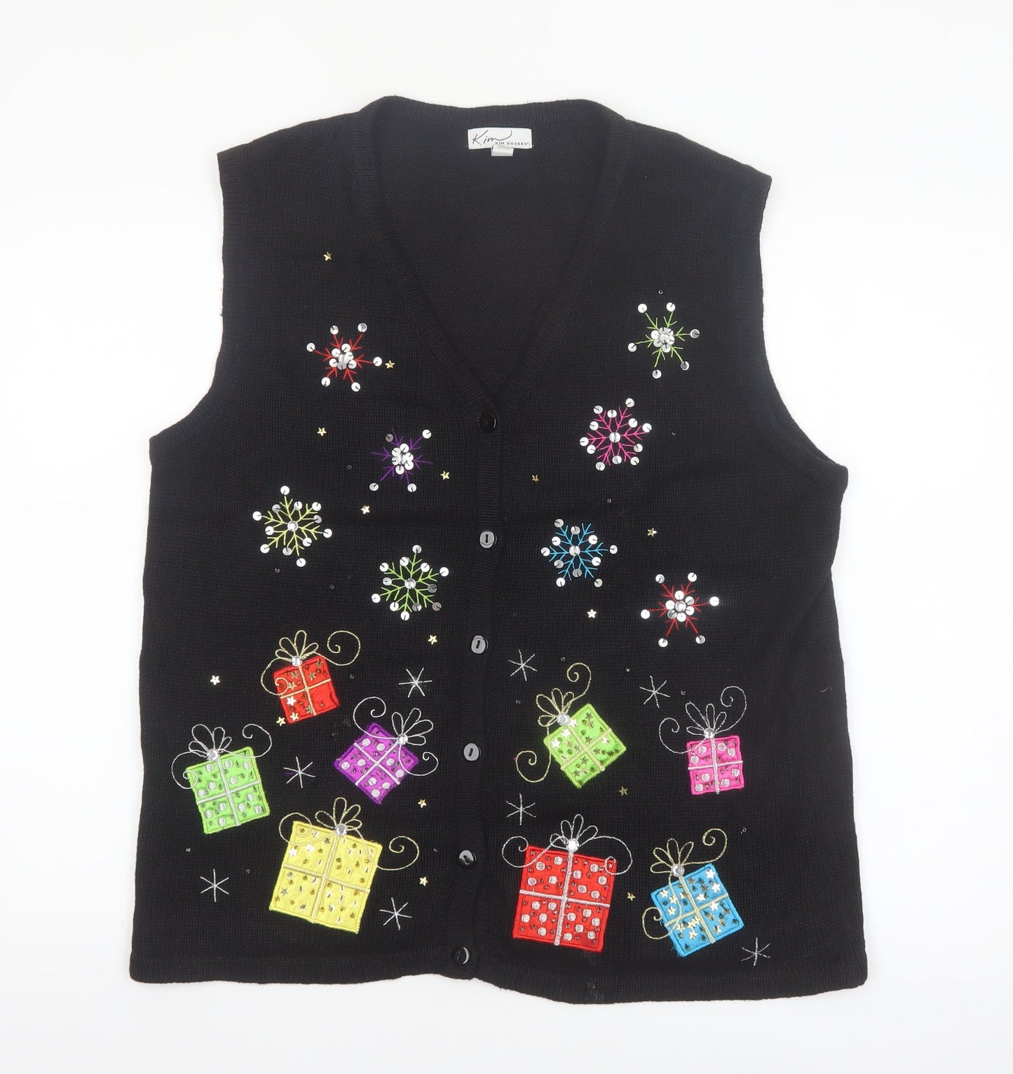 Kim Rogers Womens Black L Christmas Vest Jumper Sequin Holiday Top