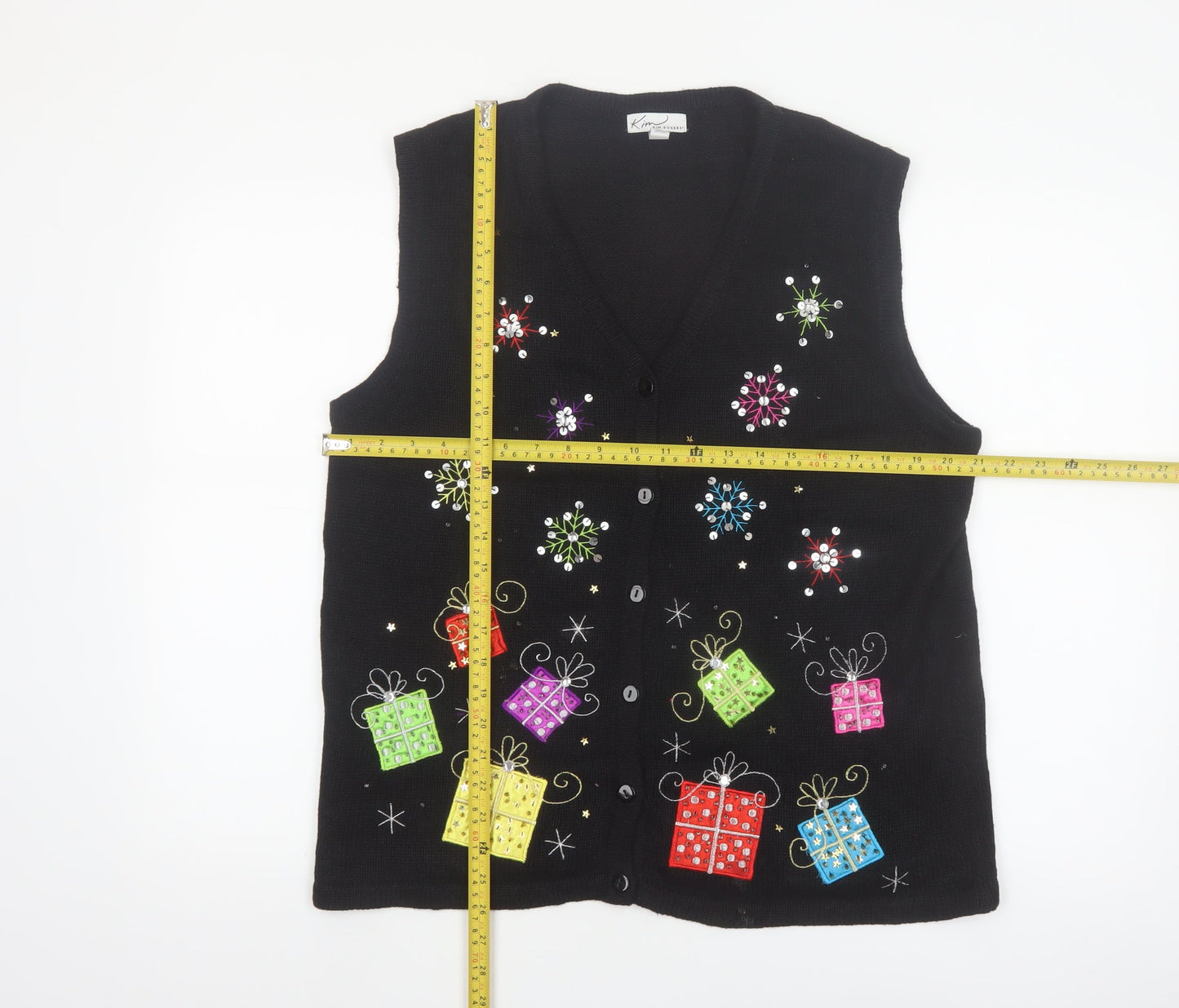 Kim Rogers Womens Black L Christmas Vest Jumper Sequin Holiday Top