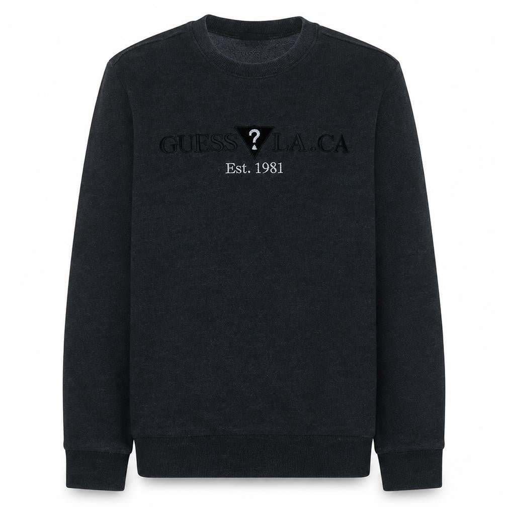 Guess Mens Black Crew Neck Pullover Sweatshirt L Embroidered Logo