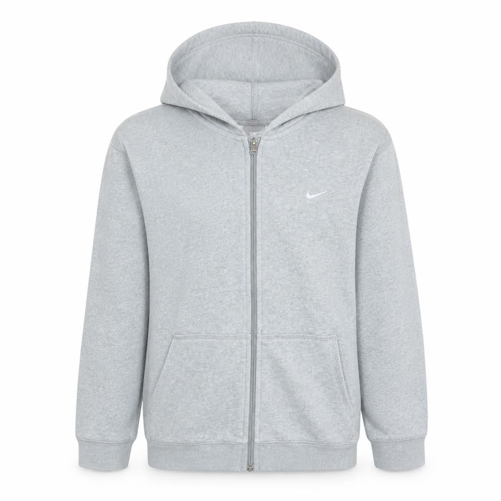 Front view of Nike boys’ grey full zip hoodie, size L, (12-13 years) fleece sweatshirt