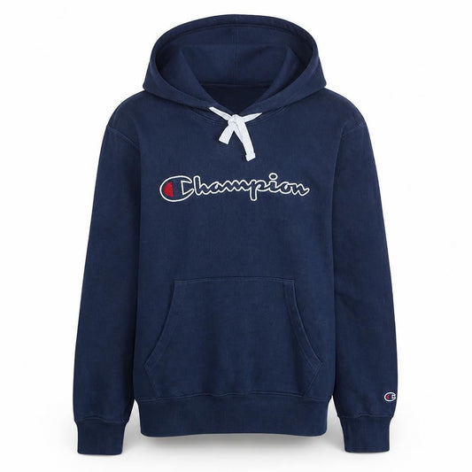 Champion Men's Blue Pullover Hoodie Large Logo Fleece Sweatshirt