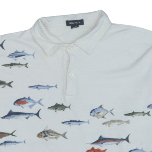 Nautica Men's White XL Cotton Fish Print Polo Shirt