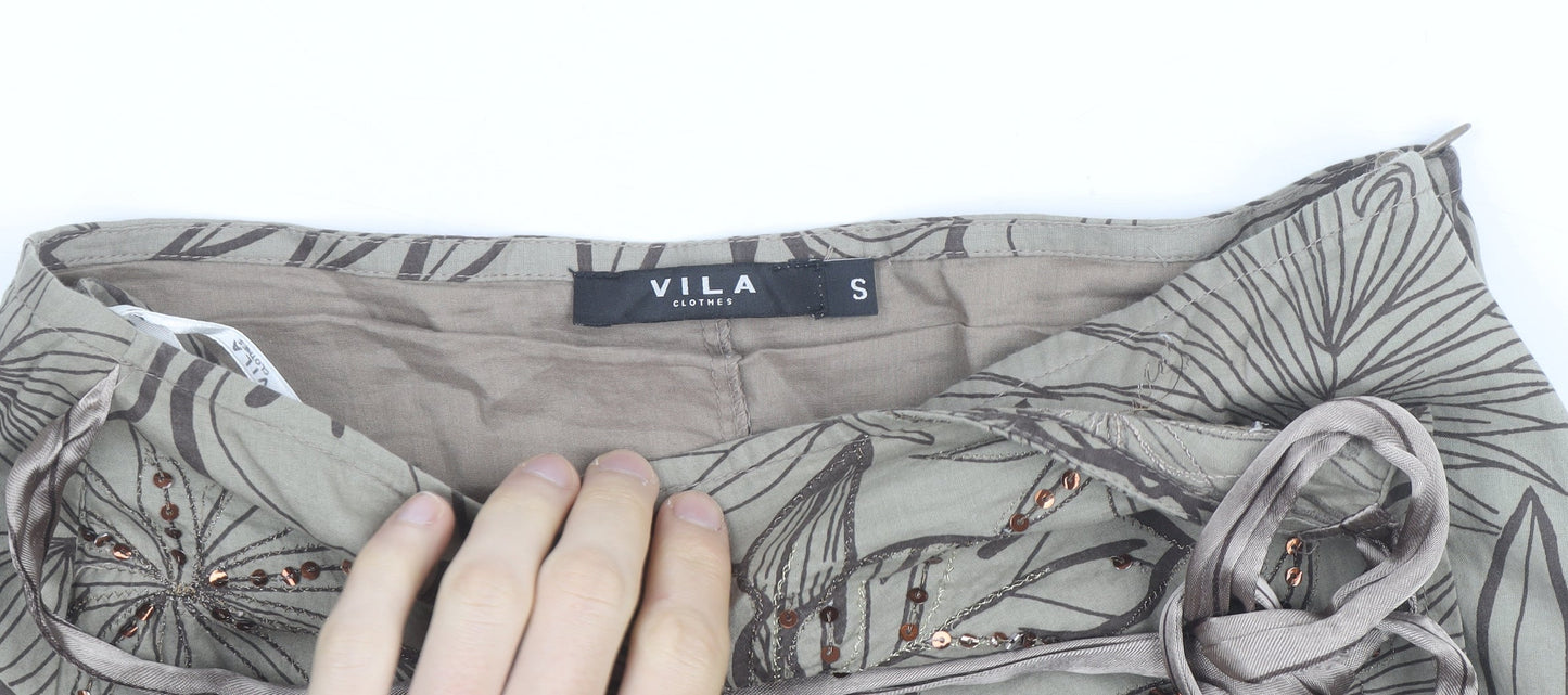 Vila Women Beige Floral Beaded A-Line Midi Skirt Size S