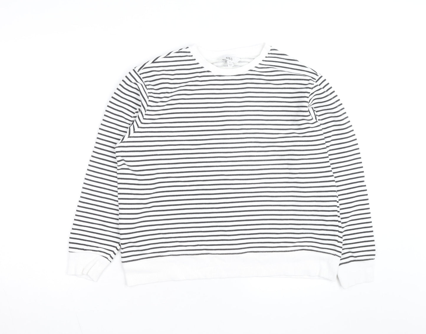 Marks and Spencer Men's White Striped Cotton Long Sleeve Top M