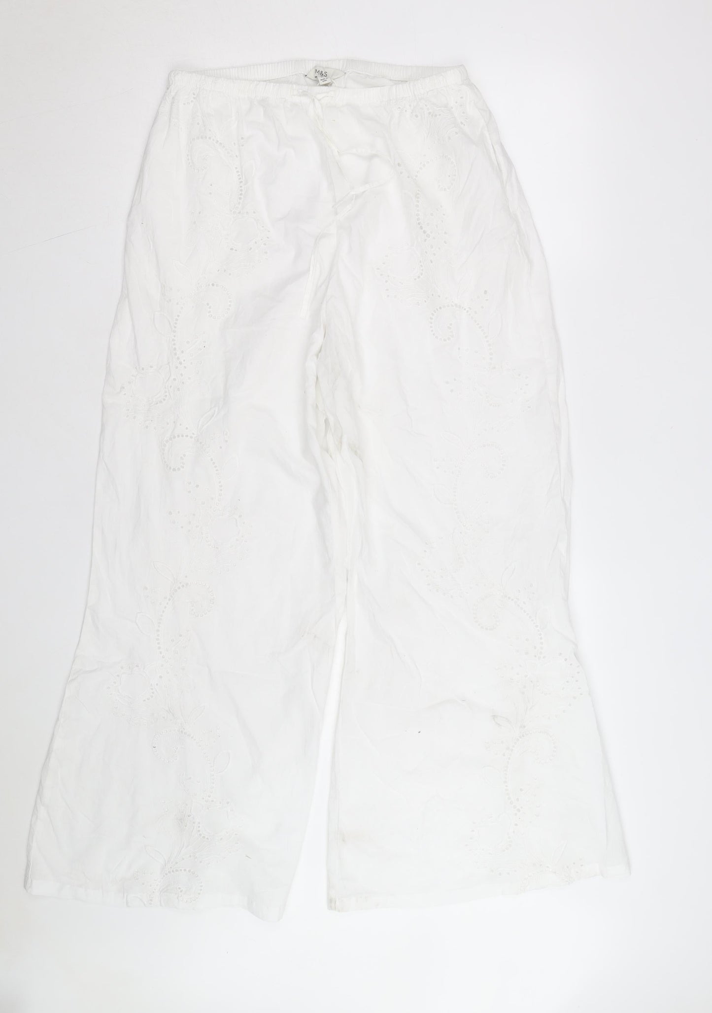 Marks and Spencer Women White Cotton Embroidered Wide-Leg Trousers Size 14