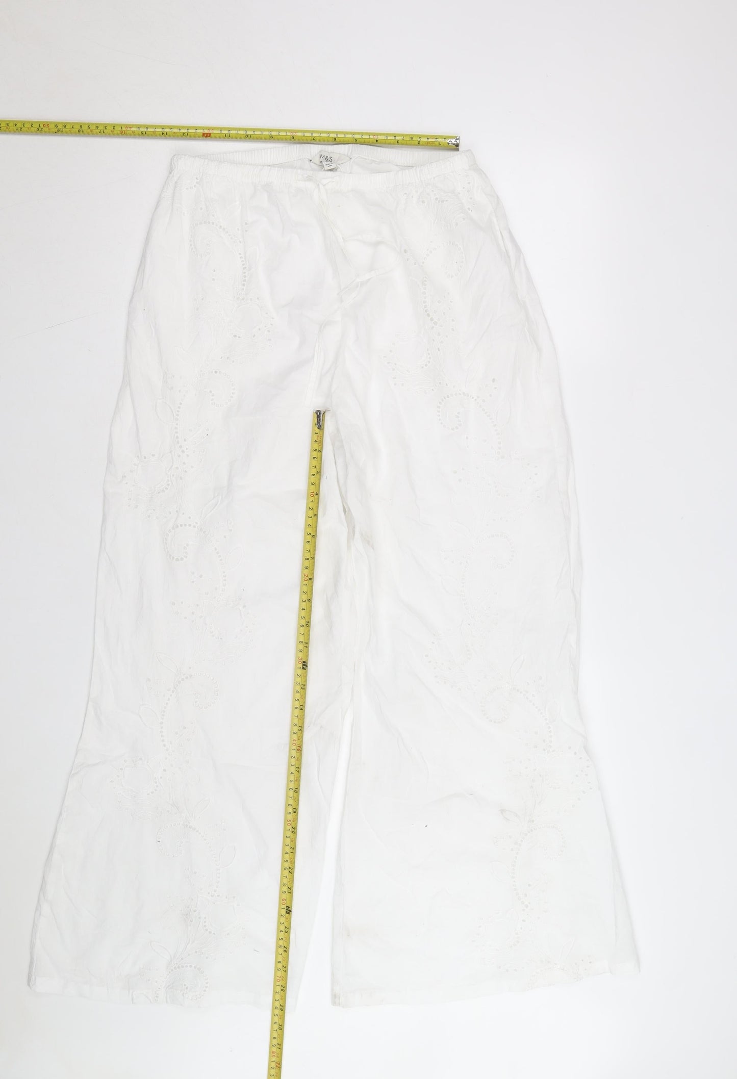 Marks and Spencer Women White Cotton Embroidered Wide-Leg Trousers Size 14