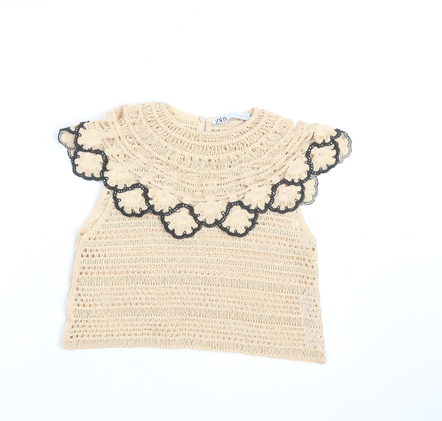 Zara Women Beige Crochet Cotton Ruffle Blouse Top Size 8