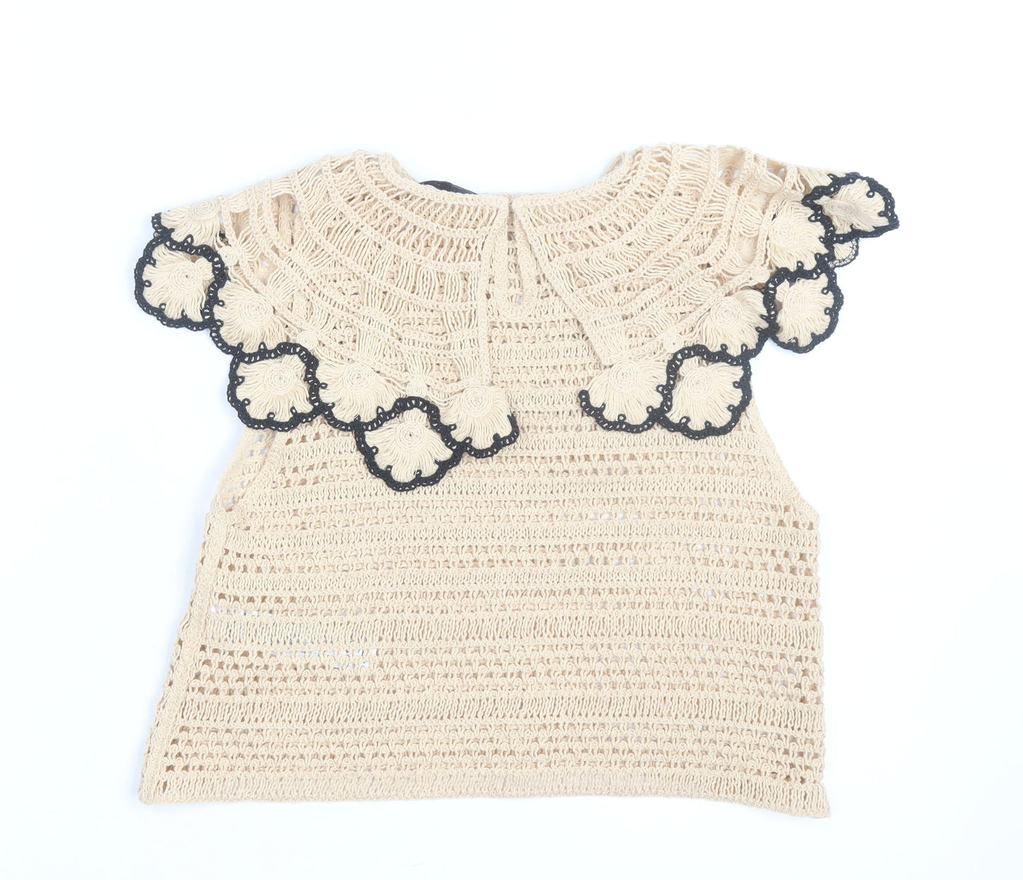 Zara Women Beige Crochet Cotton Ruffle Blouse Top Size 8