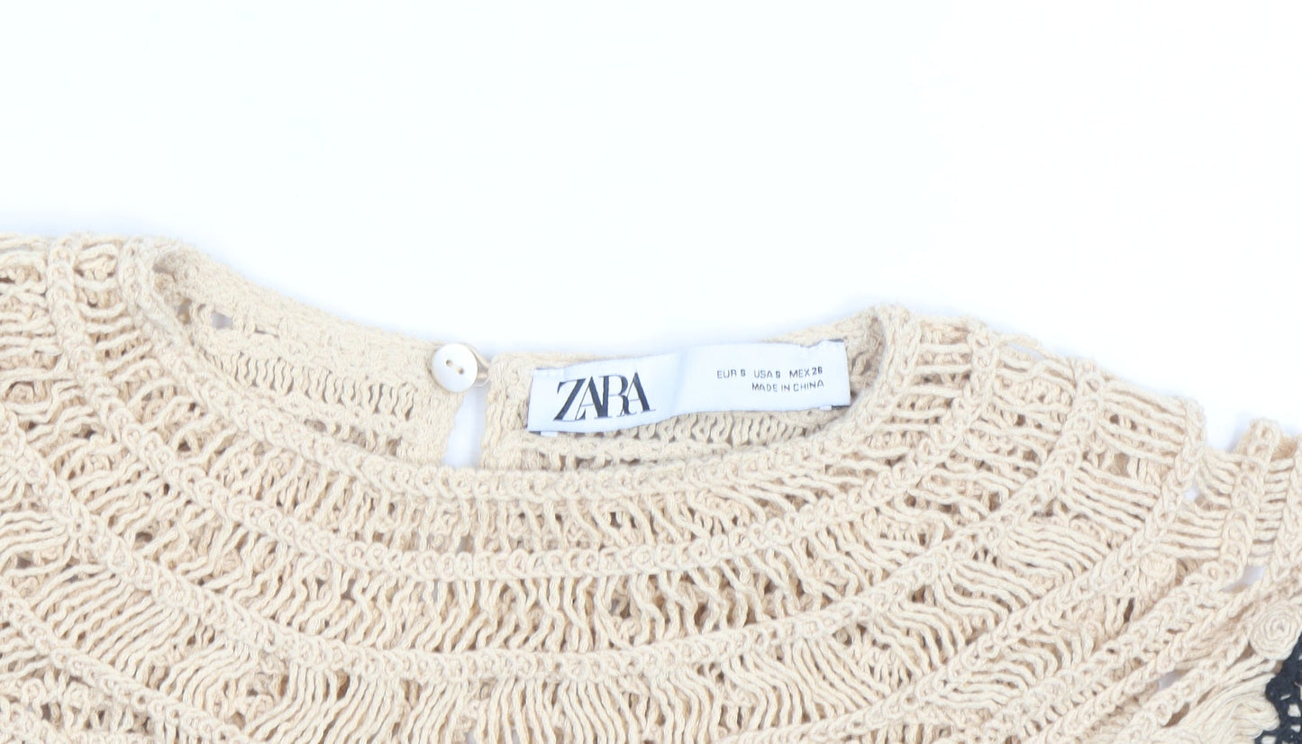 Zara Women Beige Crochet Cotton Ruffle Blouse Top Size 8
