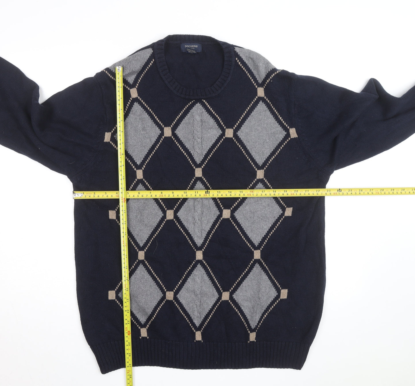 Dockers Men's Blue Argyle Cotton Crew Neck Jumper Size L