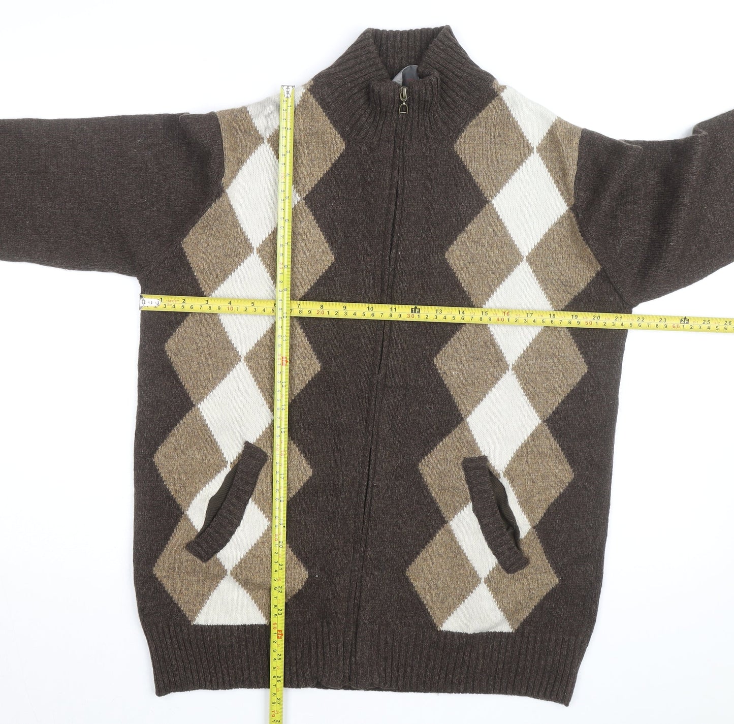 Cashew Men Brown Argyle Full Zip Wool Blend Jumper M