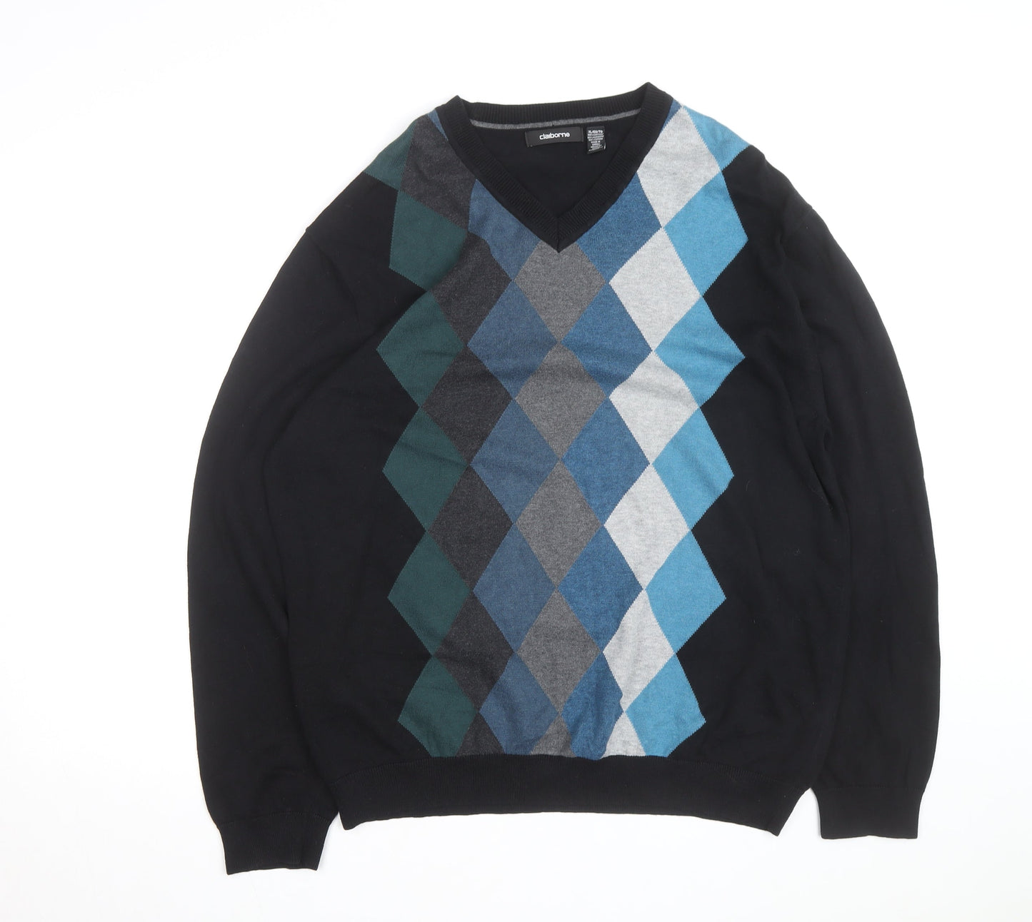 Claiborne Men's Black Argyle V-Neck Cotton Jumper XL