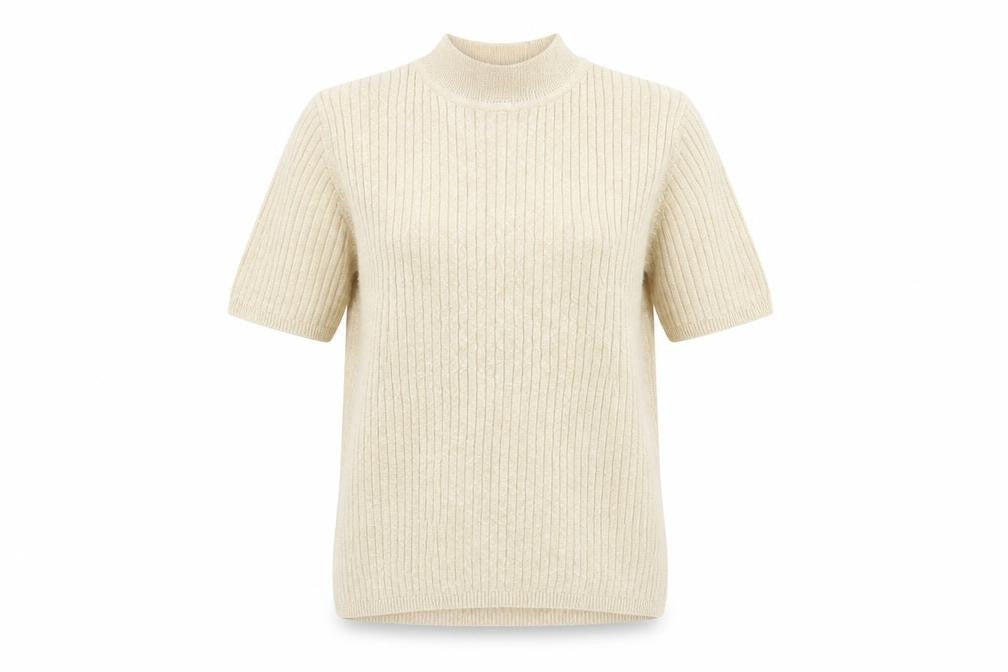 Cleo Women’s Beige Mock Neck Short Sleeve Ribbed Jumper Size S