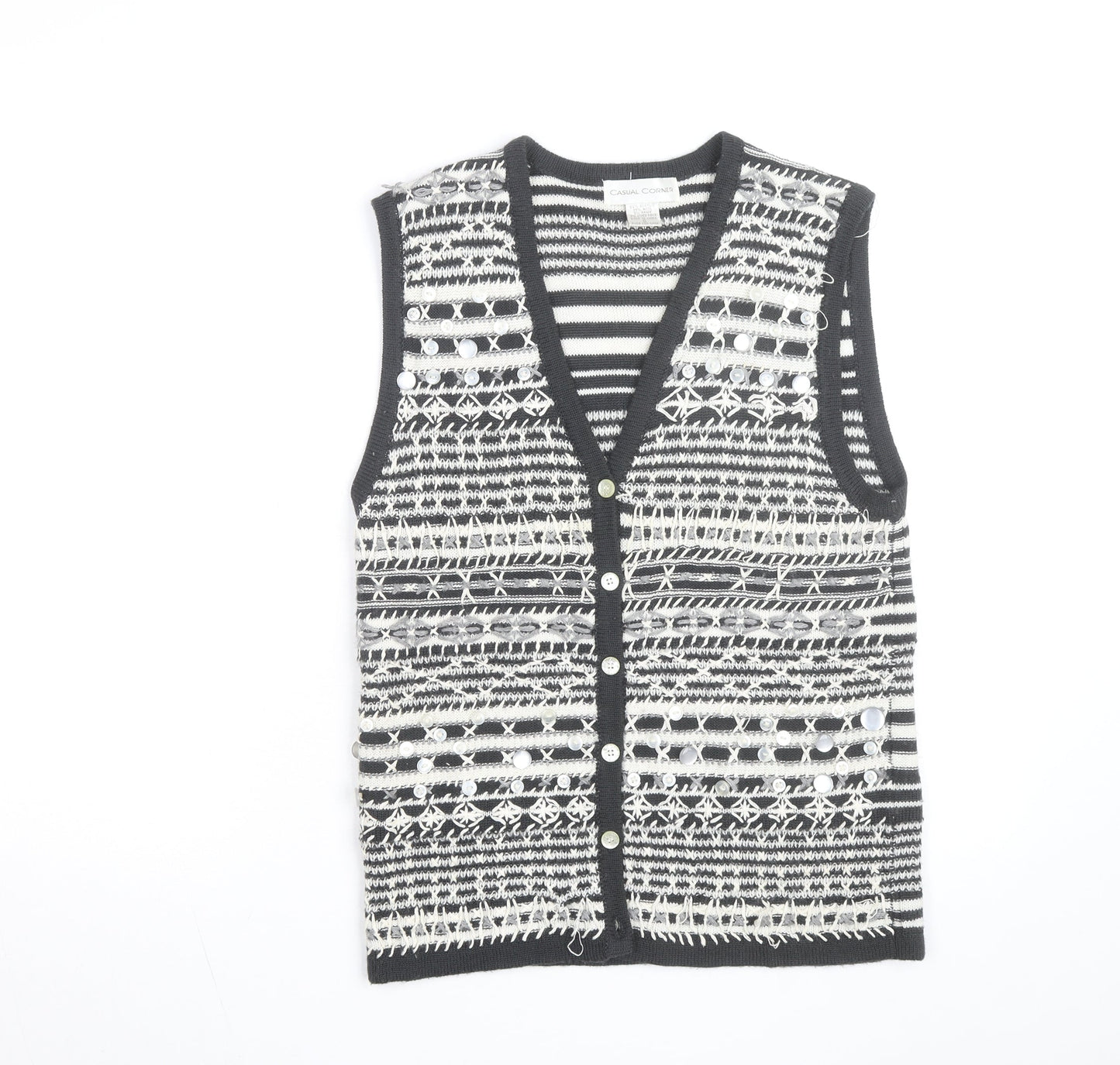 Casual Corner Womens Black White Knit Striped Sleeveless Vest S