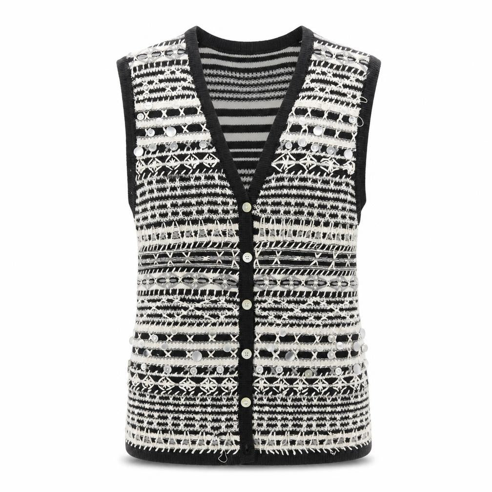 Casual Corner Womens Black White Knit Striped Sleeveless Vest S
