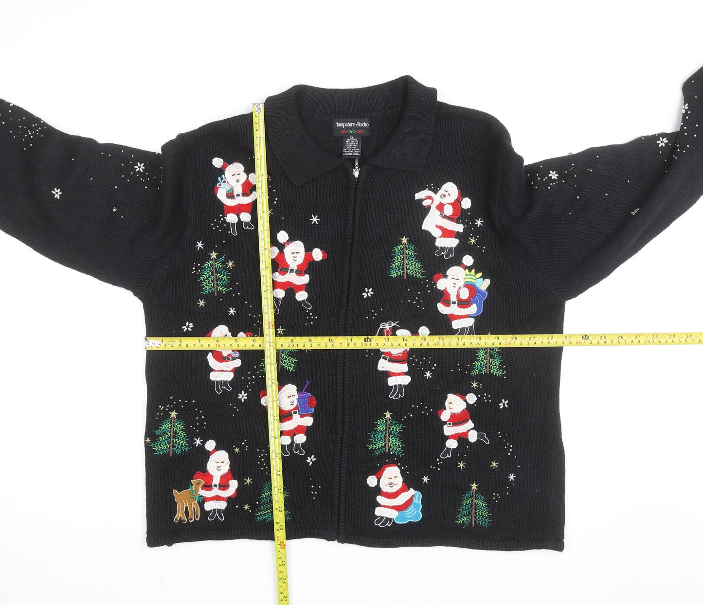 Hampshire Studio Men's Black XL Christmas Full Zip Cardigan with Santa Embroidery