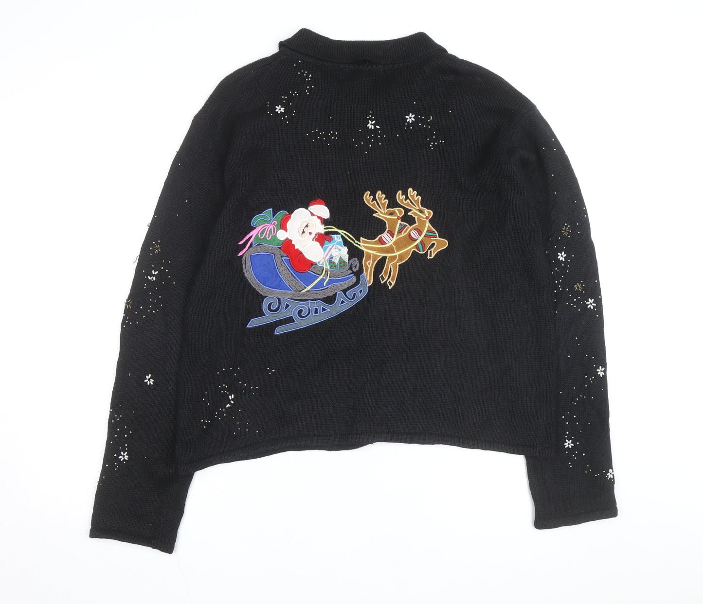 Hampshire Studio Men's Black XL Christmas Full Zip Cardigan with Santa Embroidery
