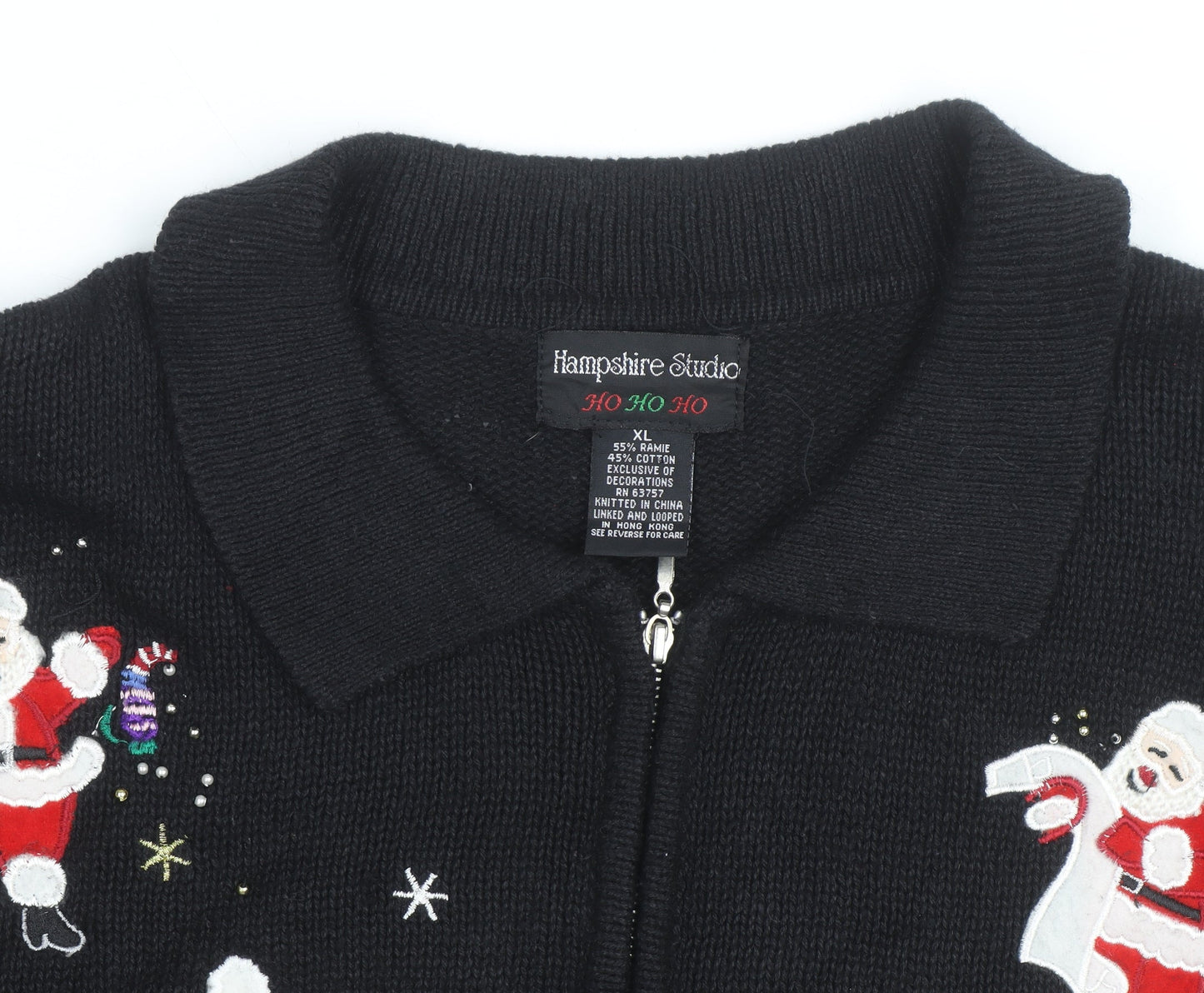 Hampshire Studio Men's Black XL Christmas Full Zip Cardigan with Santa Embroidery