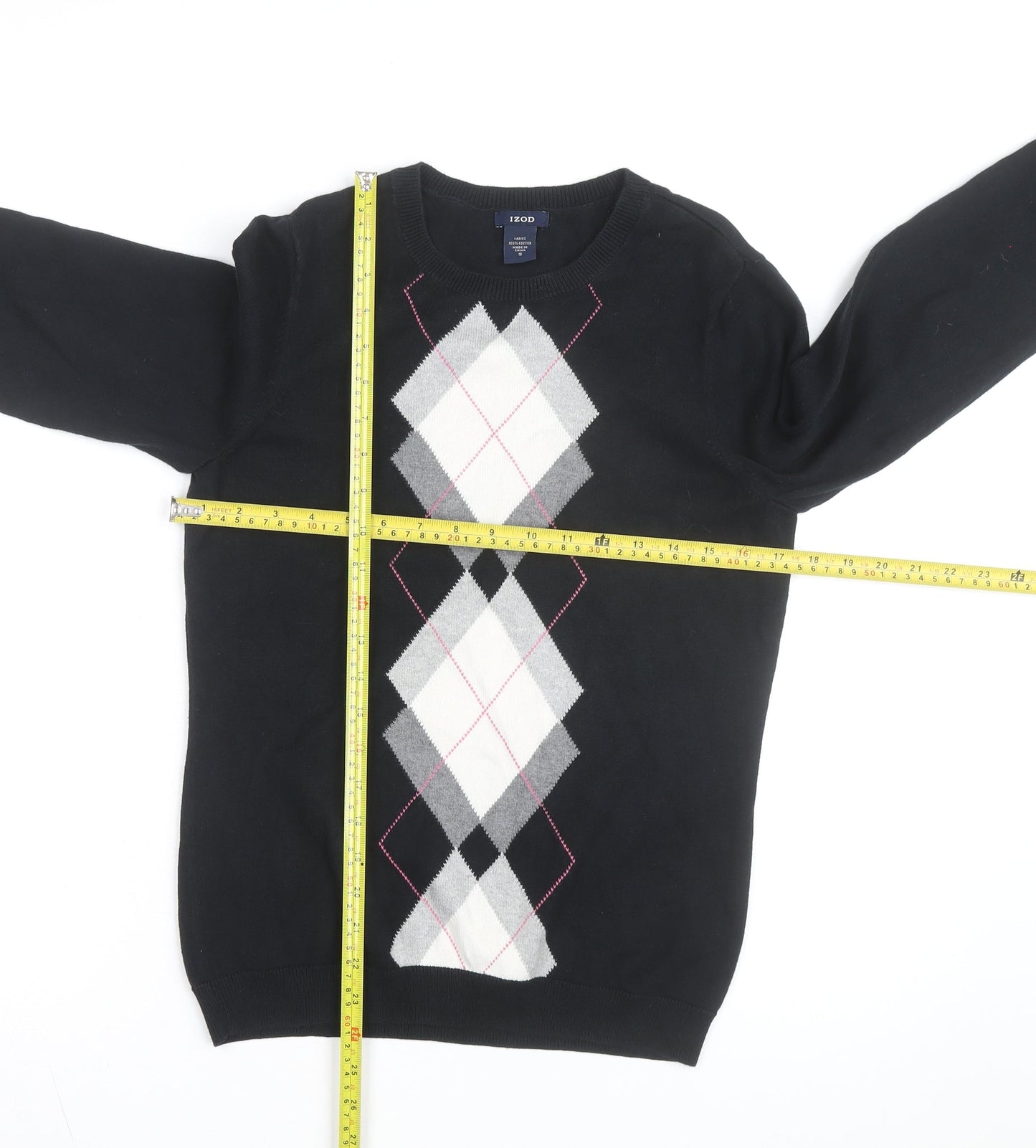 IZOD Womens Black Argyle Cotton Crew Neck Jumper Size S