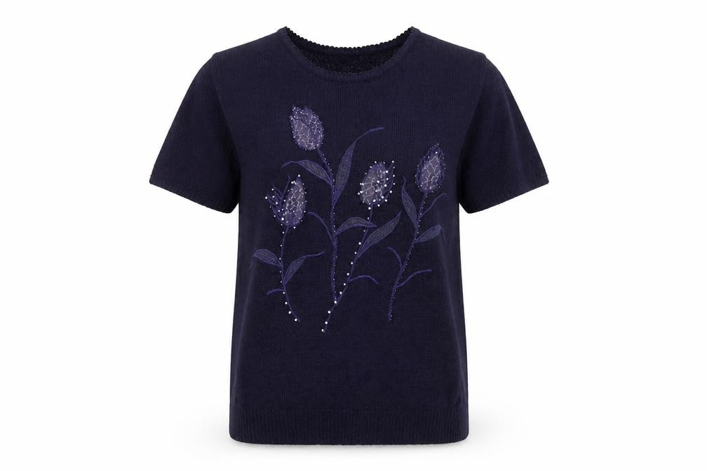 Classics Women's Blue Floral Beaded Knit Short Sleeve Pullover Jumper Size F