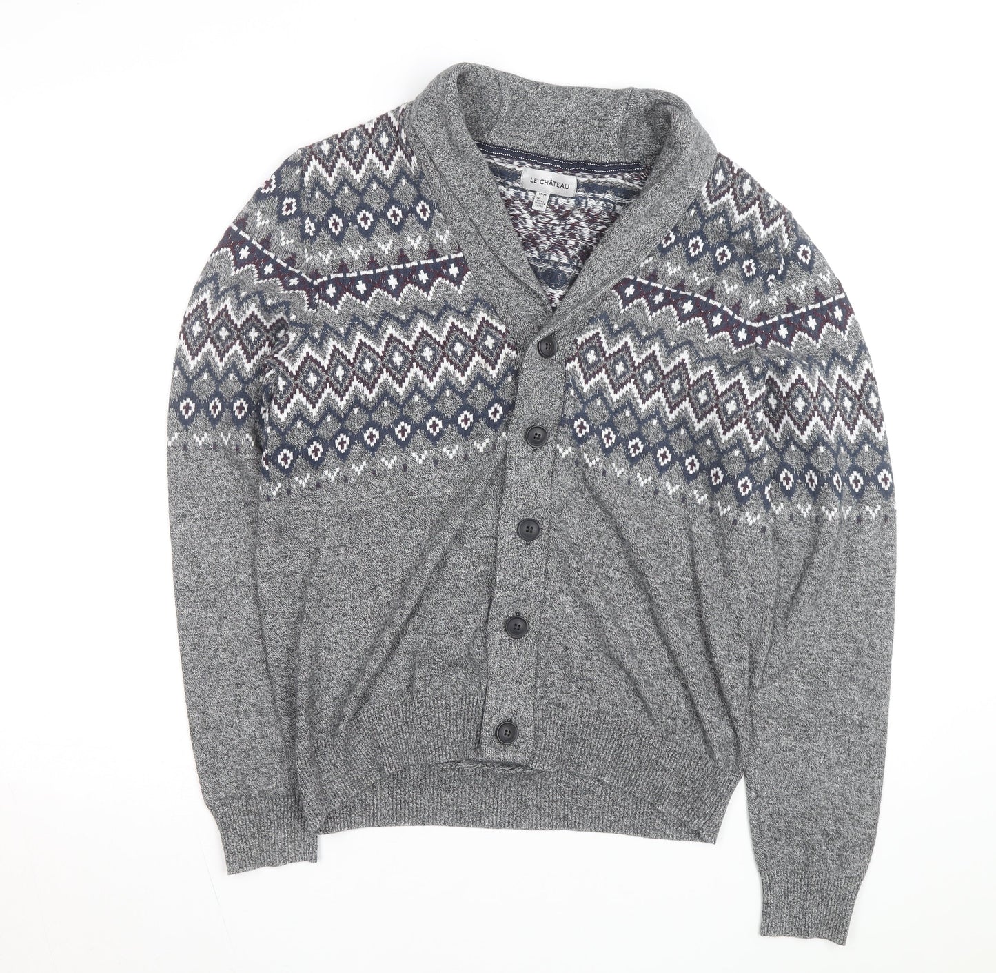 Le Château Men's Grey Fair Isle Cotton Shawl Cardigan Size L