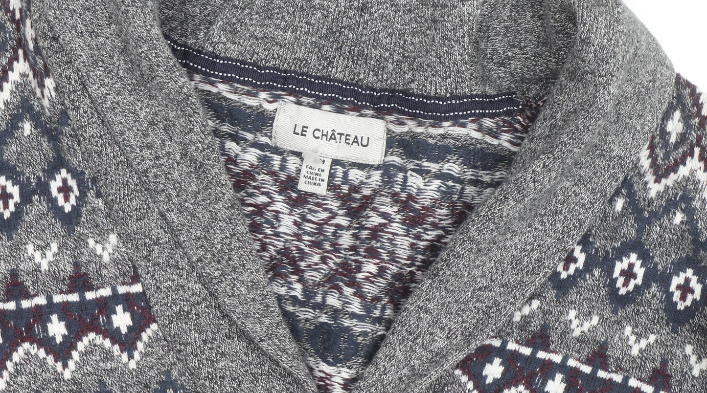 Le Château Men's Grey Fair Isle Cotton Shawl Cardigan Size L