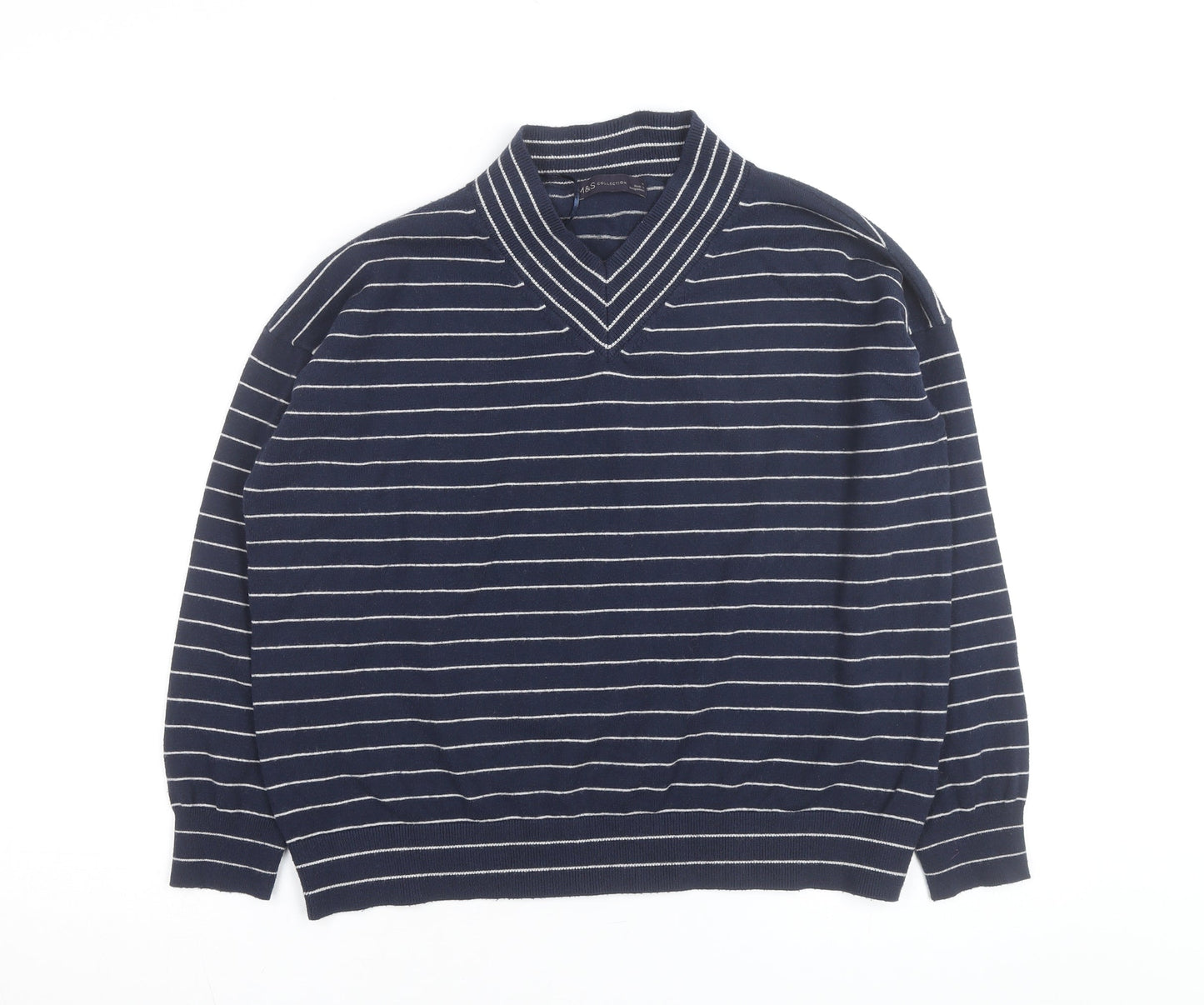 Marks and Spencer Men’s Blue Striped V-Neck Pullover Jumper M