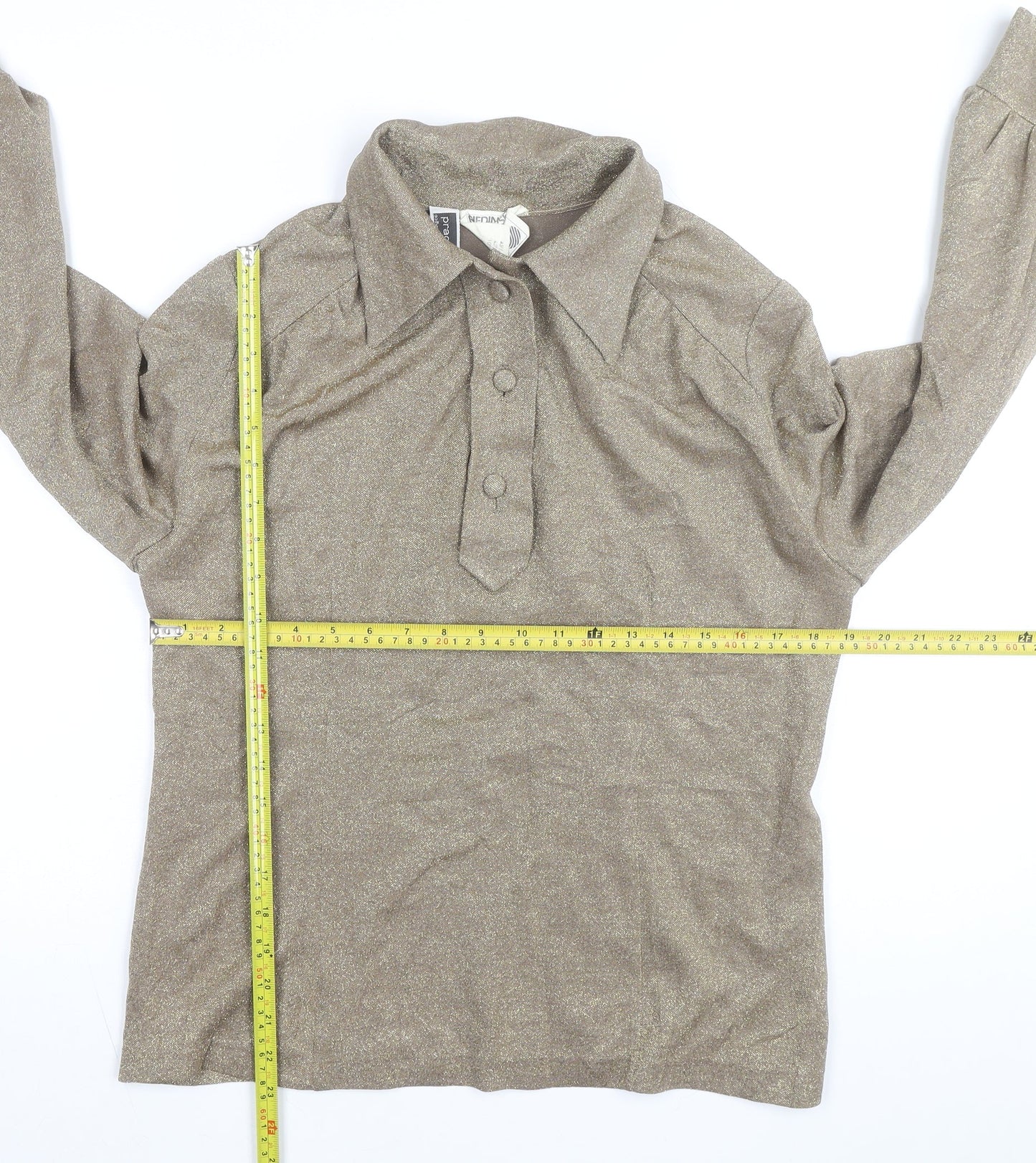 Moda Women Beige Glitter Collared Jersey Blouse Size L