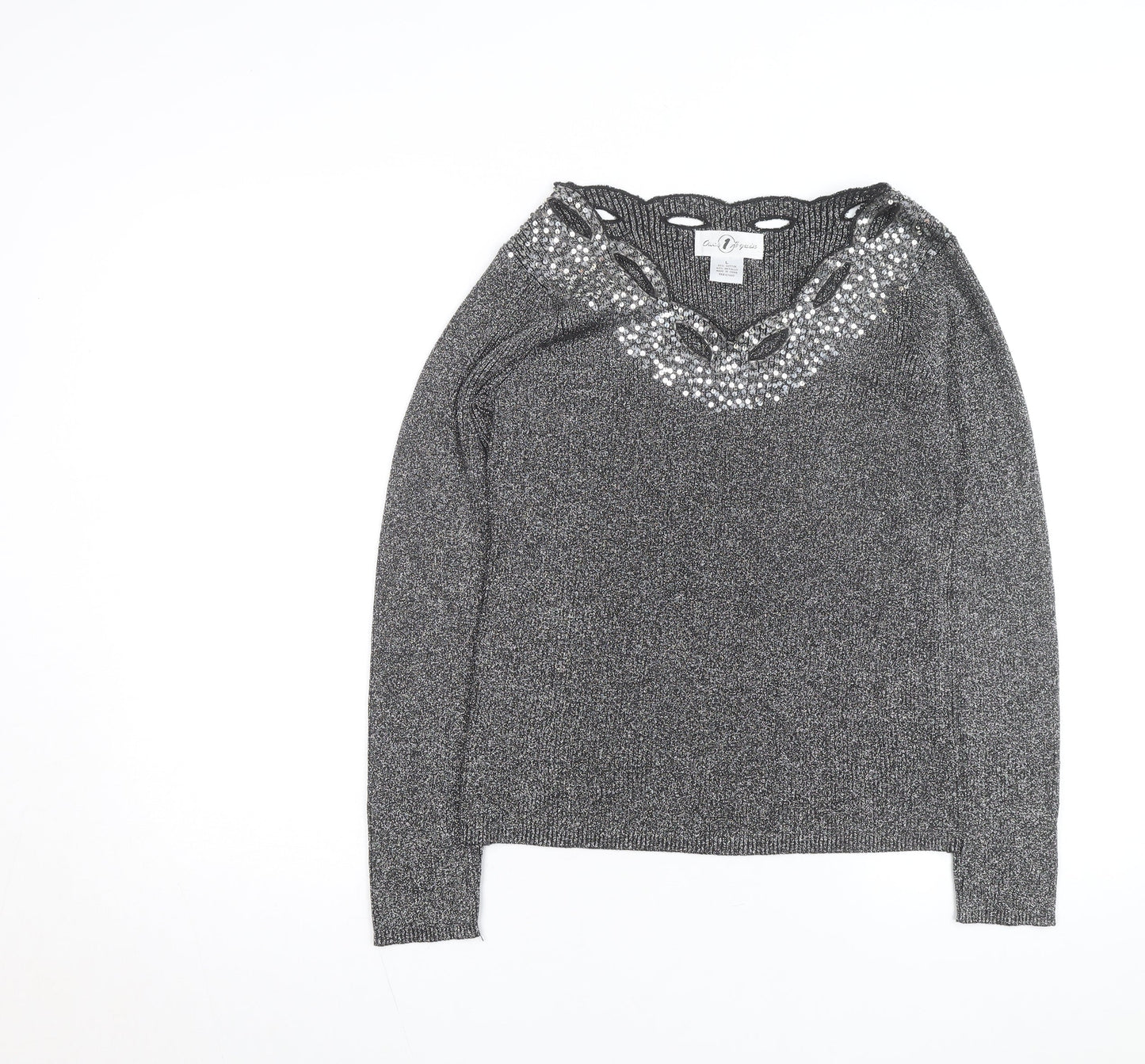 Once Again Women's Grey L Sequin V-Neck Long Sleeve Pullover Jumper