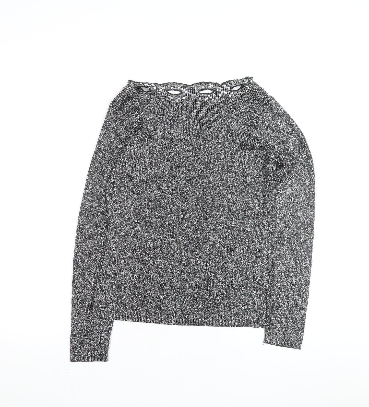 Once Again Women's Grey L Sequin V-Neck Long Sleeve Pullover Jumper