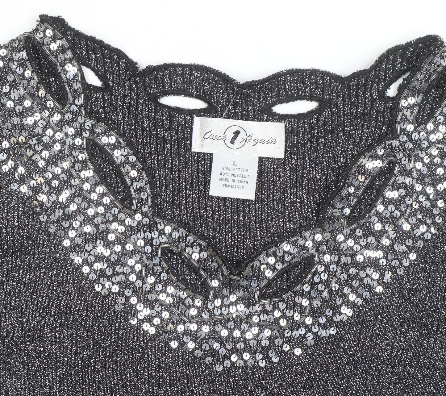 Once Again Women's Grey L Sequin V-Neck Long Sleeve Pullover Jumper