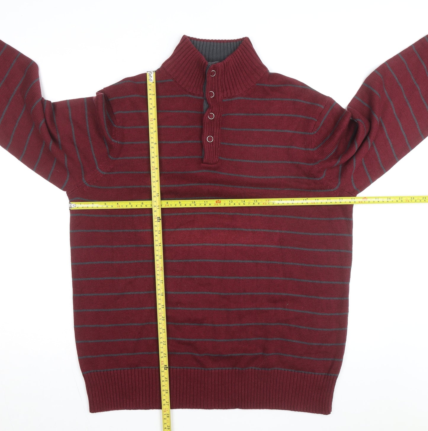 Denver Hayes Men's Red Striped Henley Jumper L Cotton Blend