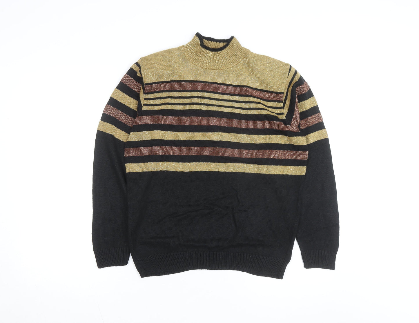 Alfred Dunner Women Black Gold Striped Mock Neck Knit Jumper S