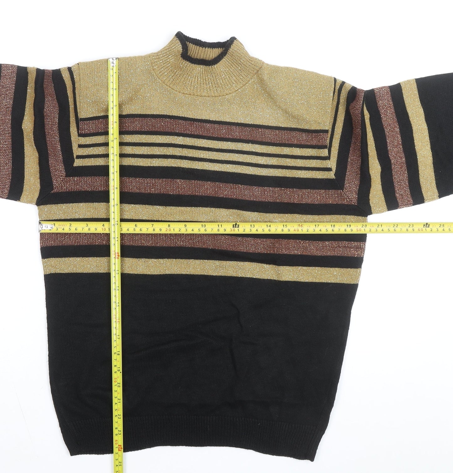 Alfred Dunner Women Black Gold Striped Mock Neck Knit Jumper S
