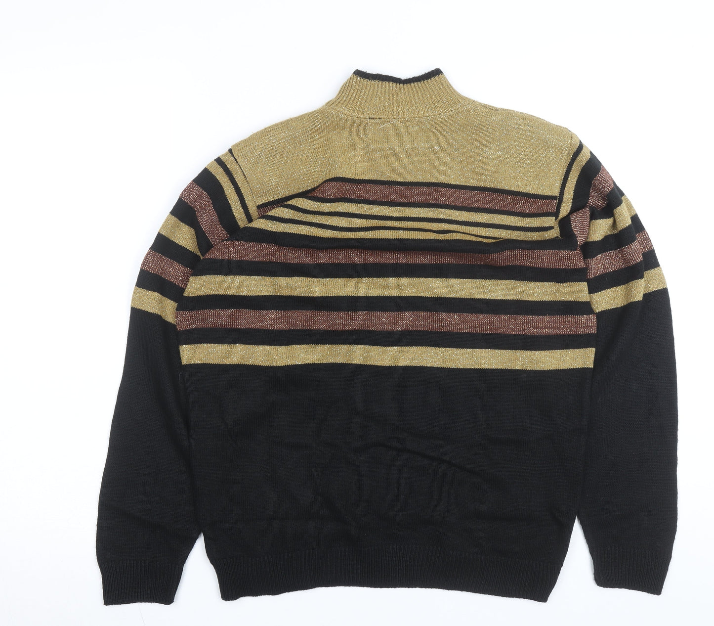 Alfred Dunner Women Black Gold Striped Mock Neck Knit Jumper S