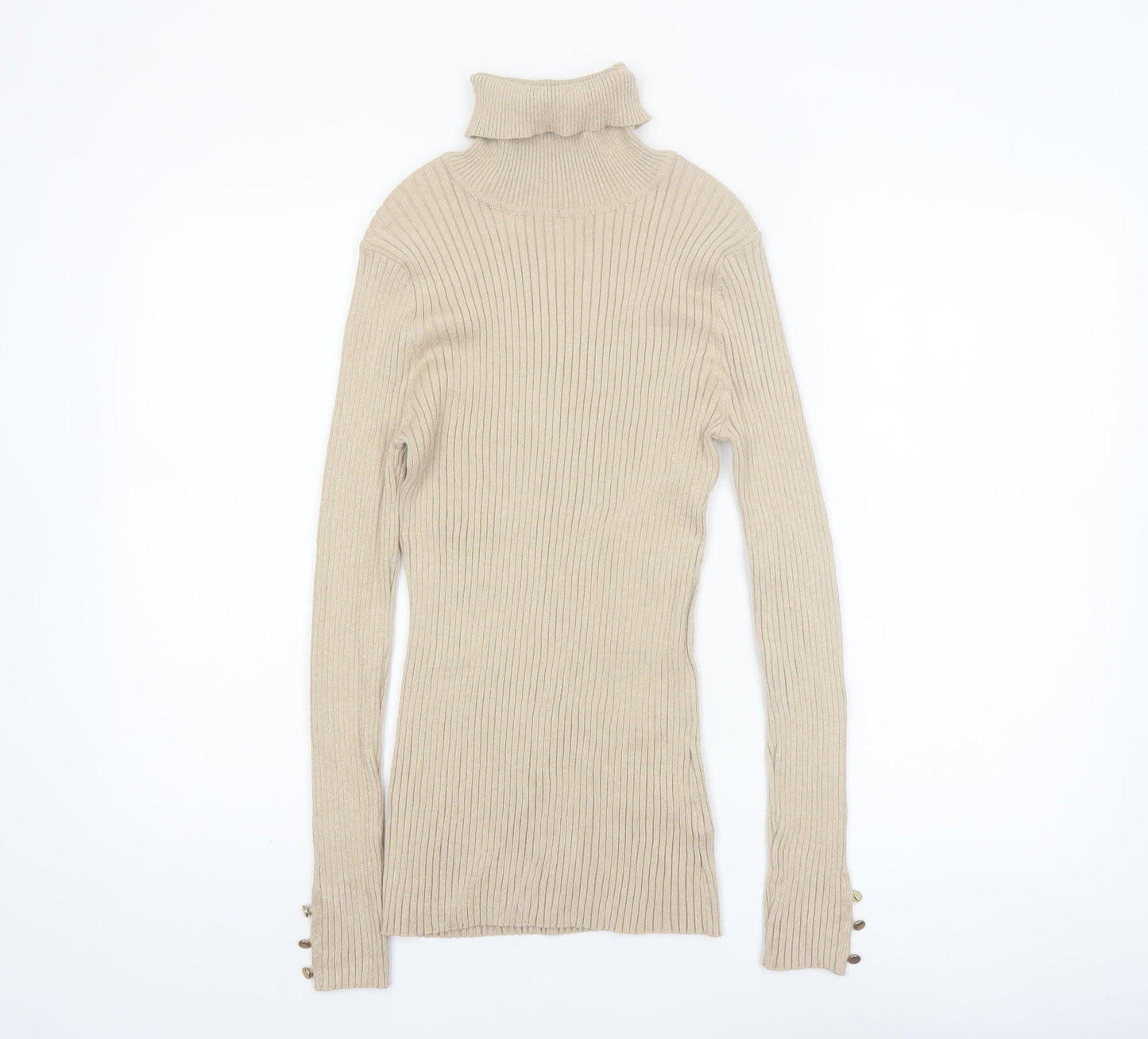 Tribekka 44 Women Beige Roll Neck Rib Knit Long Sleeve Jumper M