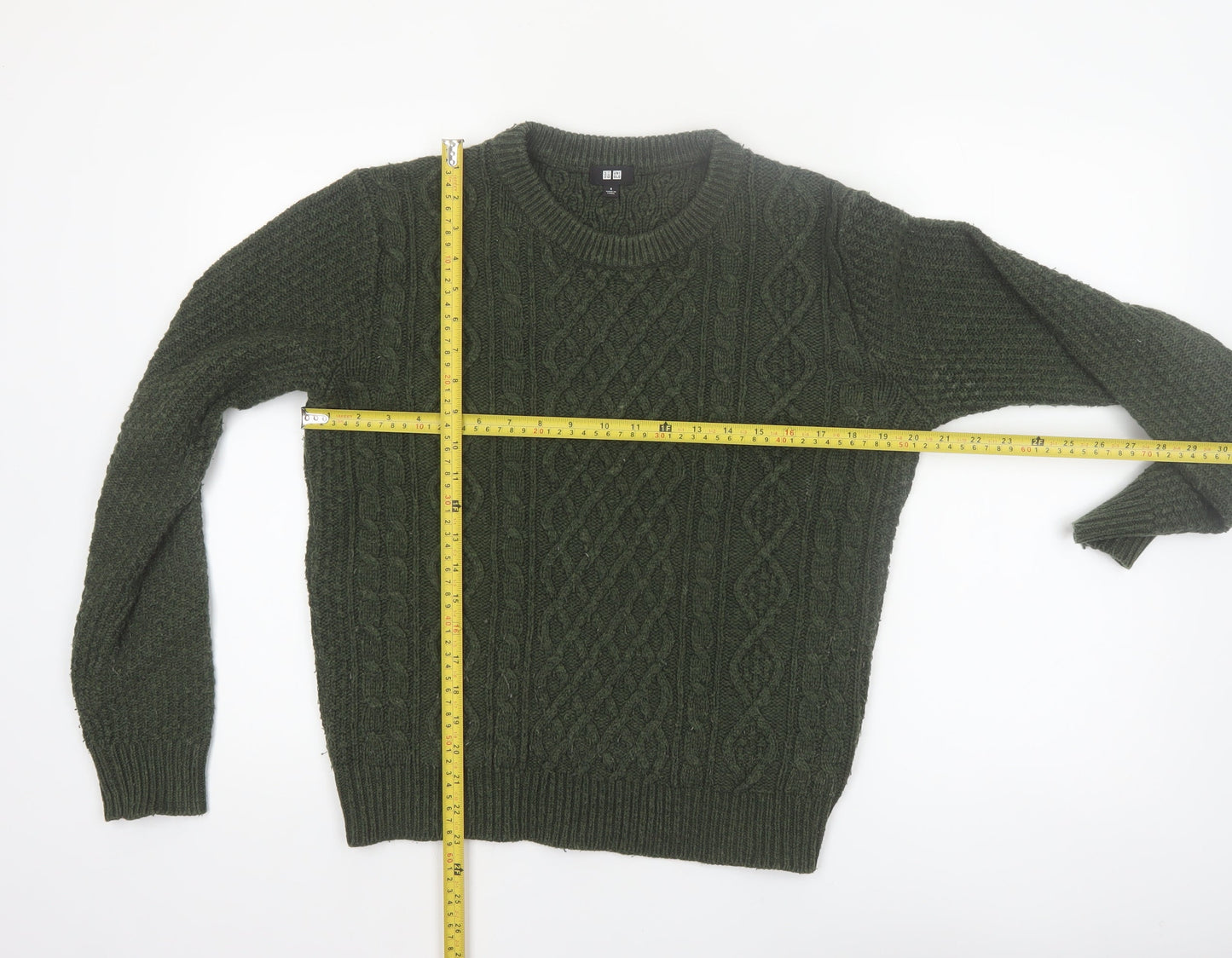 Uniqlo Womens Green Cable-Knit Wool Blend Jumper Size S Classic Style