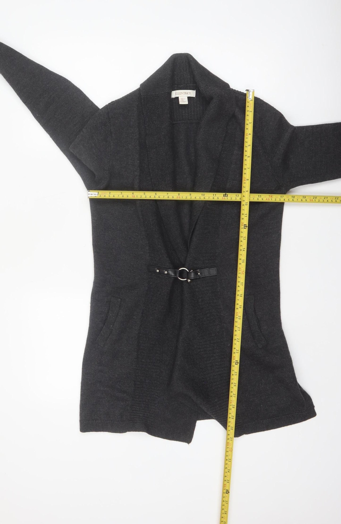 Ellen Tracy Women's Black L Belted Open Front Knit Cardigan