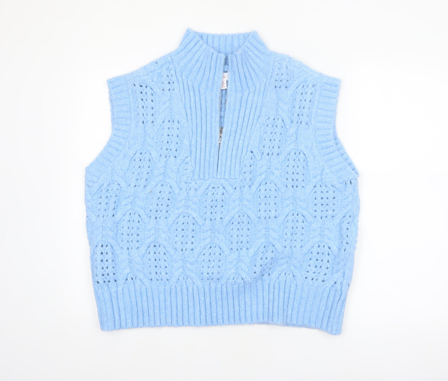 Lyn De Hiri Women Blue Cable-Knit Sleeveless 1/4 Zip Vest Jumper XL