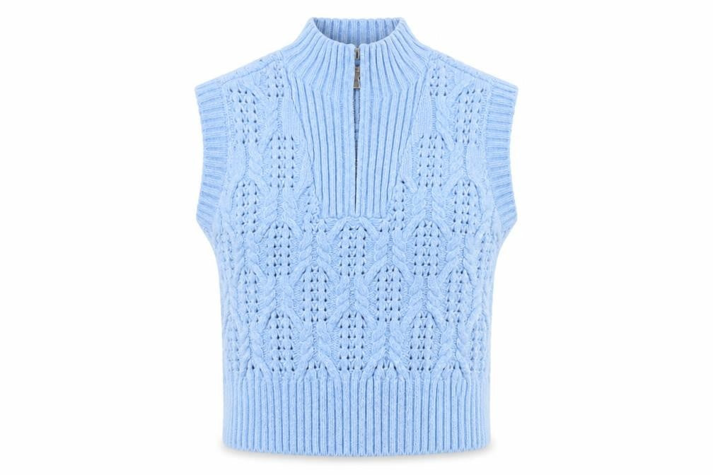 Lyn De Hiri Women Blue Cable-Knit Sleeveless 1/4 Zip Vest Jumper XL
