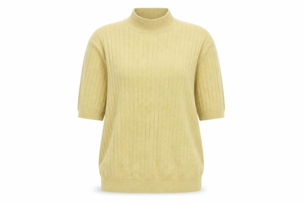 Sag Harbor Women Gold Mock Neck Short Sleeve Ribbed Knit Jumper Size L