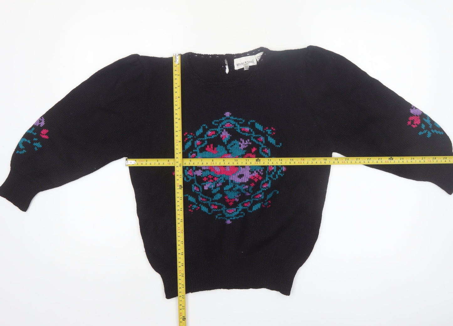 White Stag Womens Black Medium Floral Knit Pullover Jumper Wool Blend